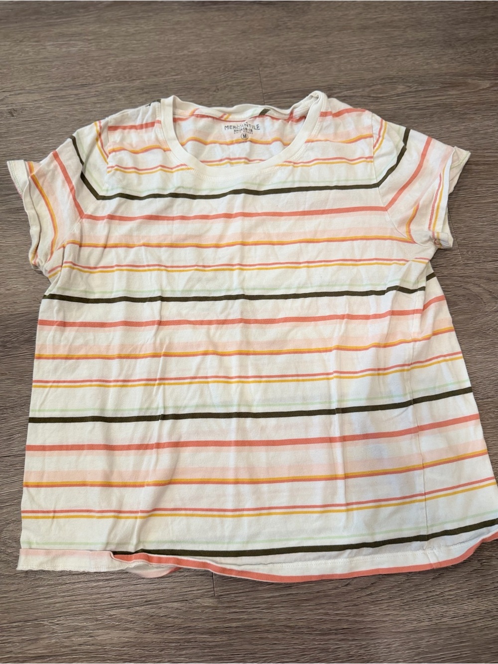 J Crew Cream Tee with Coral, Yellow & Olive Stripes